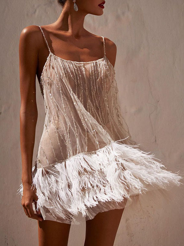 Shiny Sequinned Feathers Splicing Sleevless Spaghetti-Neck Evening Mini Dresses