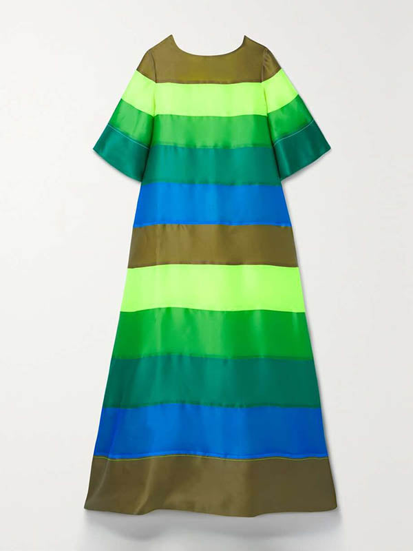 Flared Sleeves Half Sleeves Backless Contrast Color Multi-Colored Striped Round-neck Maxi Dresses
