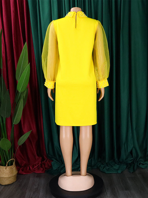 Beads Mesh Solid Color Split-Joint Puff Sleeves Round-neck Midi Dresses