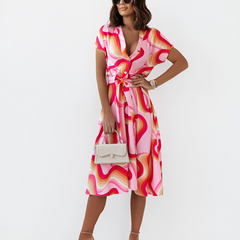 Fashion V Neck Short Sleeve Graphic Printed Dress