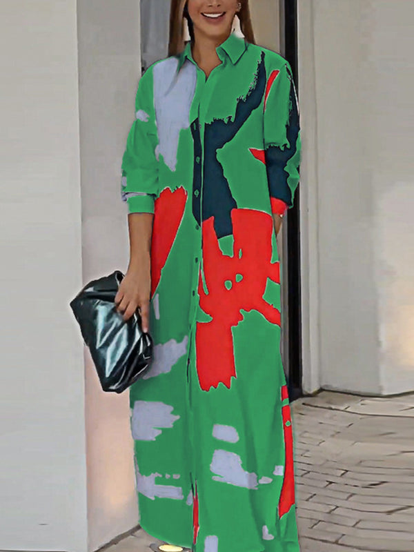 Buttoned Contrast Color Pockets Printed Split-Side Loose Wrap Shirt Dress