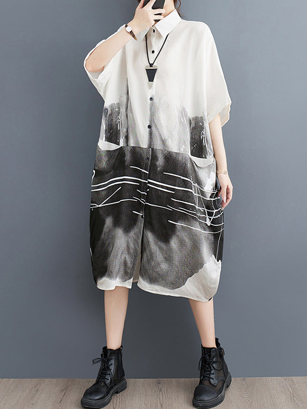 Printed Half Sleeves Loose Lapel Midi Dresses