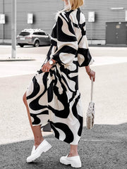 Contrast Color Pleated Printed Split-Joint Tied Waist Long Sleeves Loose Lapel Shirt Dress
