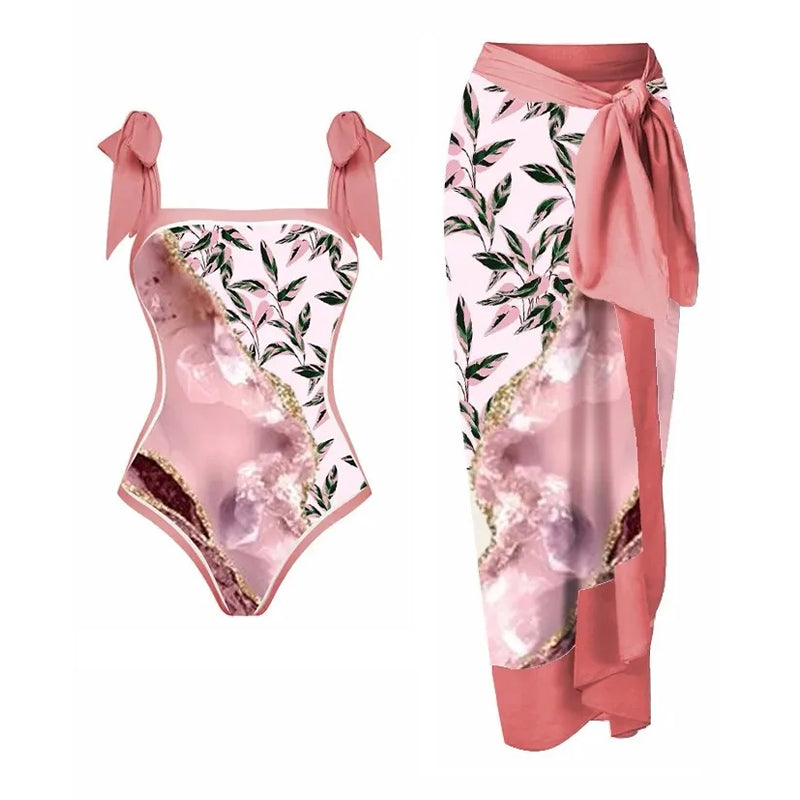 Tie-shoulder Animal Print One Piece Swimsuit and Sarong Flaxmaker