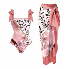 Tie-shoulder Animal Print One Piece Swimsuit and Sarong Flaxmaker