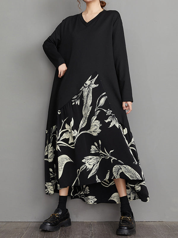 Asymmetric Flower Print Split-Joint A-Line High-Low V-Neck Midi Dresses