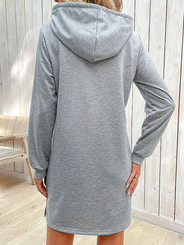 Drawstring Pockets A-line Long Sleeves Hooded Mini Dresses Hoodies Tops
