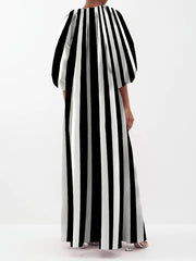 Puff Sleeves Three-Quarter Sleeves Striped V-Neck Maxi Dresses