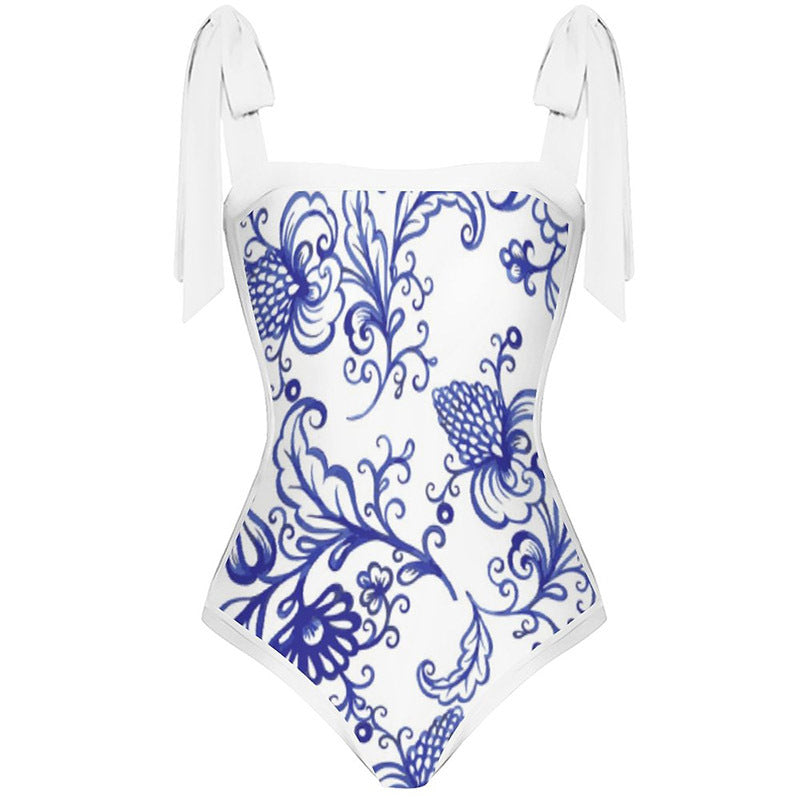 Tie-shoulder Printed One Piece Swimsuit and Sarong