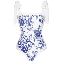 Tie-shoulder Printed One Piece Swimsuit and Sarong