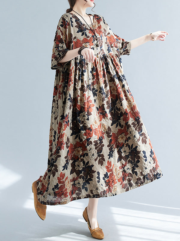 Floral Printed Loose Puff Sleeves Round-Neck Midi Dresses