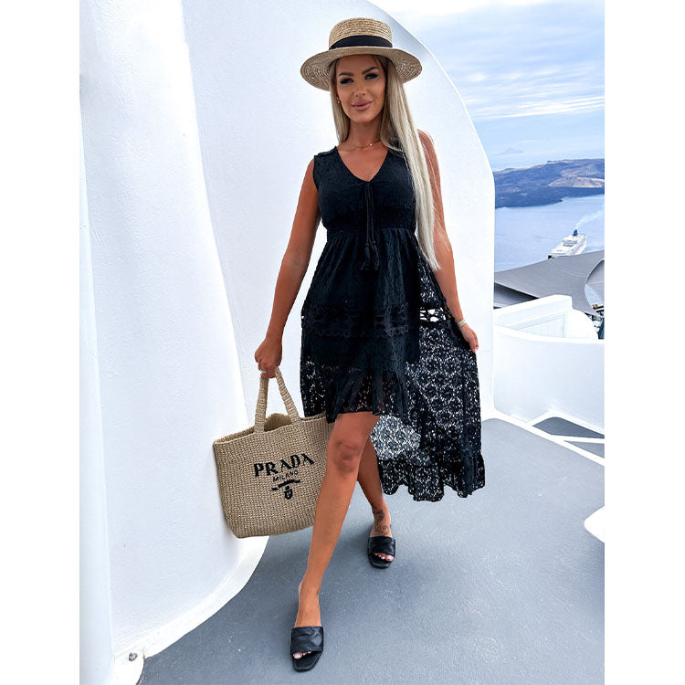 Lace Sleeveless V Neck Midi Dress