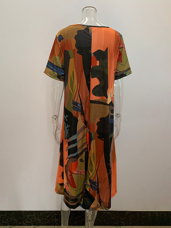 Printed A-Line Loose Round-Neck Midi Dresses