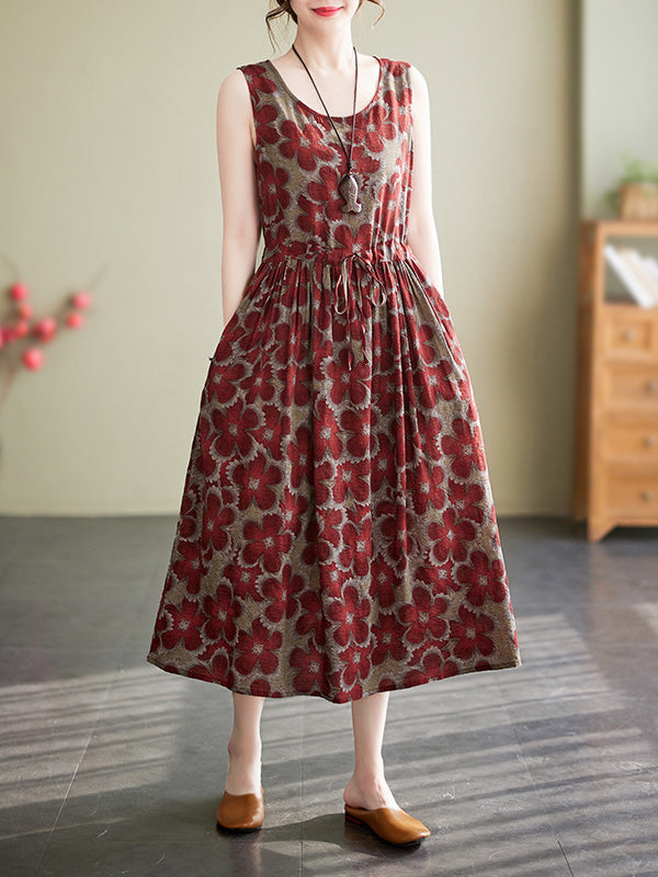 Drawstring Floral Printed Loose Oversize Round-neck Midi Dresses