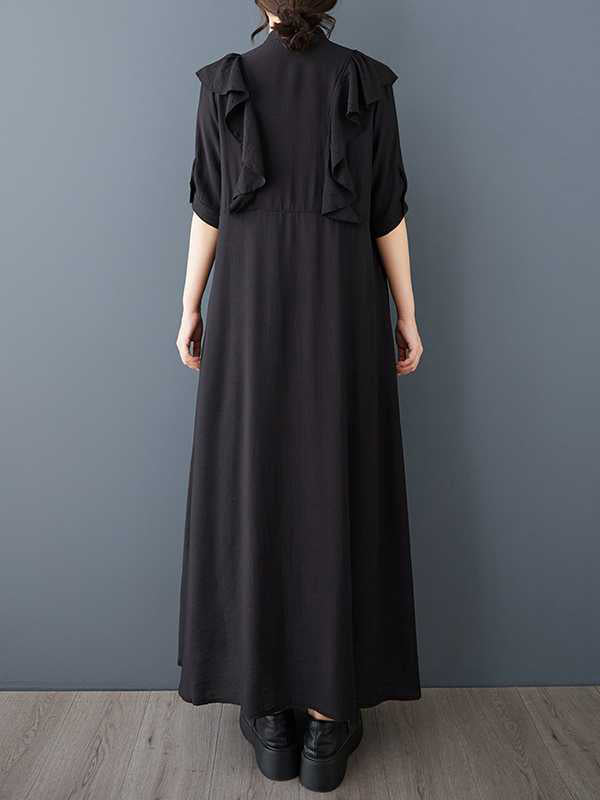 Buttoned Ruffle Trim Solid Color A-Line Half Sleeves V-Neck Midi Dresses