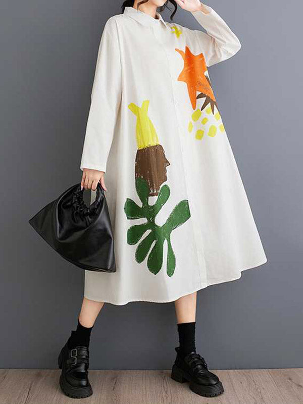 Buttoned Pockets Printed Split-Joint A-Line Long Sleeves Lapel Shirt Dress Midi Dresses