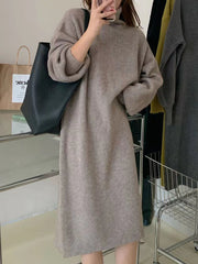 Solid Color Long Sleeves Loose High Neck Sweater Dresses Midi Dresses