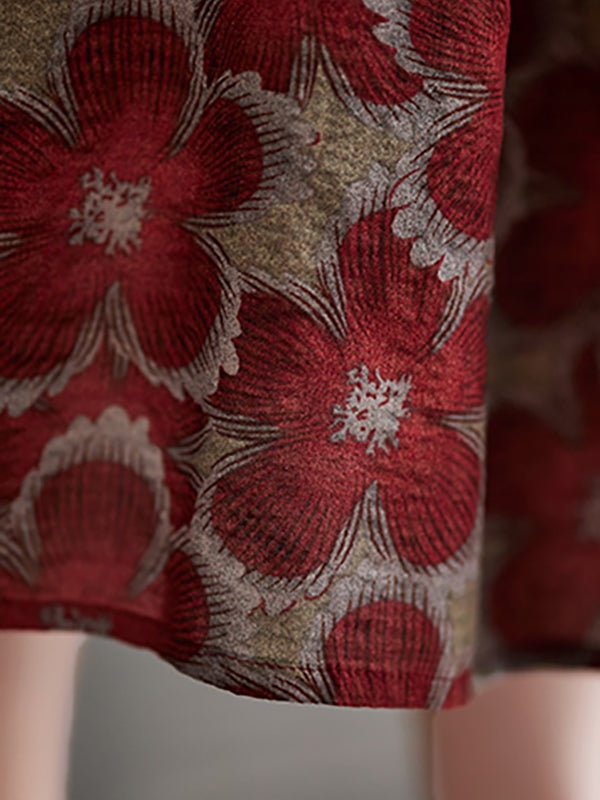 Drawstring Floral Printed Loose Oversize Round-neck Midi Dresses