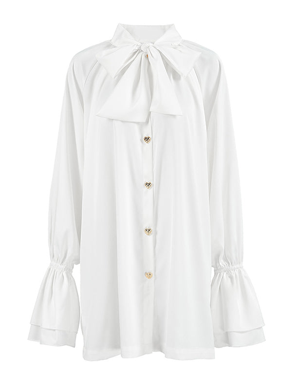 Buttoned Elasticity Pleated Solid Color Tied Zipper A-Line Flared Sleeves Stand Collar Mini Dresses