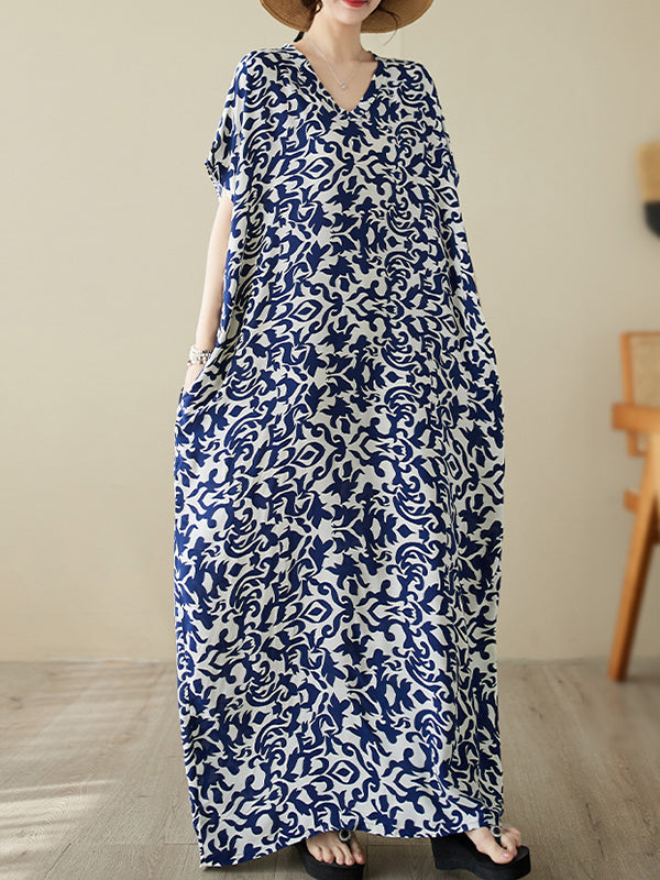Floral Printed Batwing Sleeves Loose V-Neck Maxi Dresses