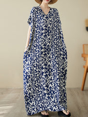 Floral Printed Batwing Sleeves Loose V-Neck Maxi Dresses