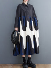 Contrast Color Pleated Printing Split-Joint A-Line Long Sleeves Polo Midi Dresses