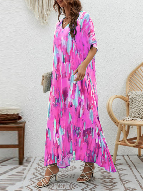 Contrast Color High-Waisted Printed Loose Short Sleeves V-neck Maxi Dresses