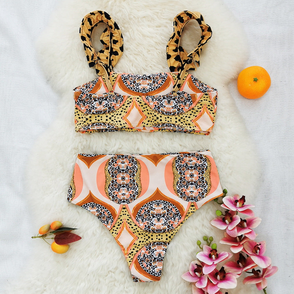 Ruffle Starp Leopard Print High Waist Bikini Swimsuit and Skirt Flaxmaker