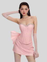 Diamond Strapless Large Bow Corset Top And Mini Skirt Set