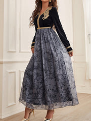 Embroidered Flower Print Split-Joint A-Line High Waisted V-Neck Maxi Dresses