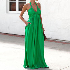 Halter Solid Color V Neck Maxi Dress