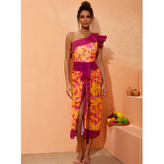 One Shoulder Ruffle Printed One Piece Swimsuit and Sarong Flaxmaker