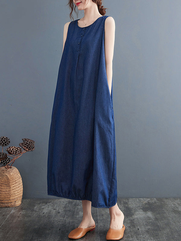 Buttoned Pleated Solid Color A-Line Loose Round-Neck Midi Dresses