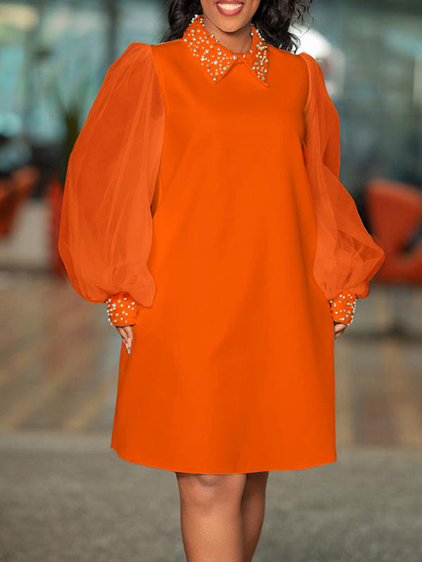 Beads Mesh Solid Color Split-Joint Puff Sleeves Round-neck Midi Dresses