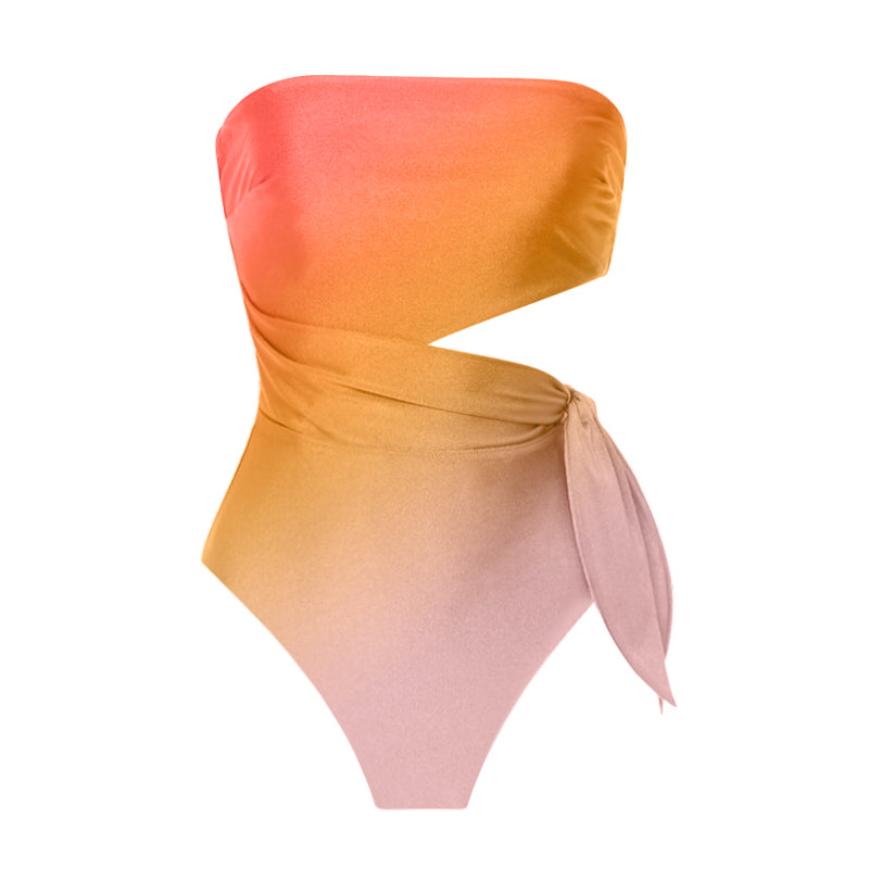 Gradient Bandeau Cut Out One Piece Swimsuit and Cover Up
