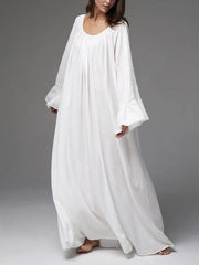 Pleated Solid Color Split-Joint A-Line Flared Sleeves Round-Neck Maxi Dresses