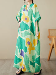 Color-Block Contrast Color Batwing Sleeves Loose Round-Neck Maxi Dresses