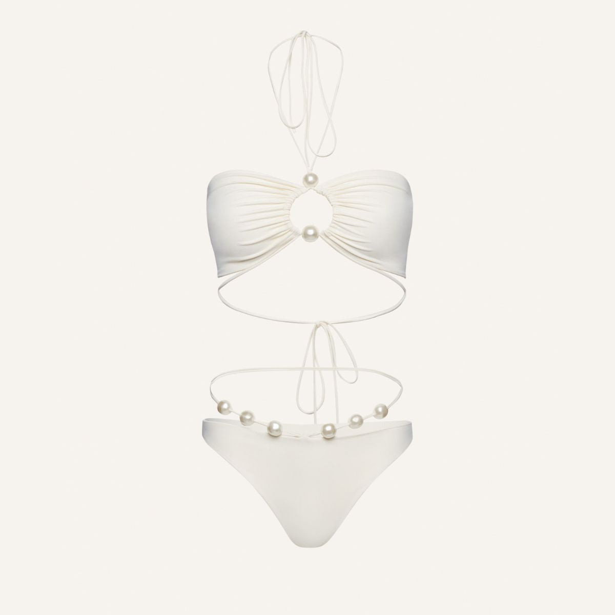 Halterneck Pearl Bandeau High Waist Bikini Swimsuit and Sarong (Shipped on Jan 13th)