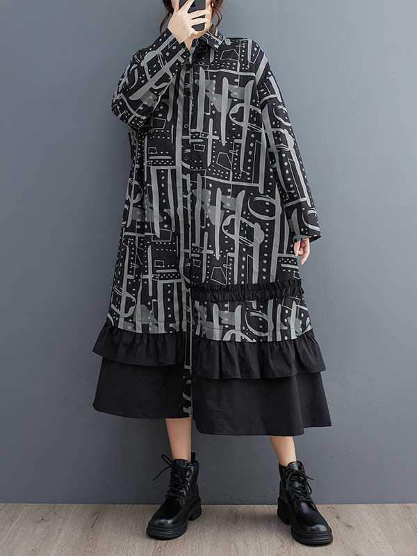 Asymmetric Buttoned Printed Split-Joint A-Line Long Sleeves Lapel Midi Dresses