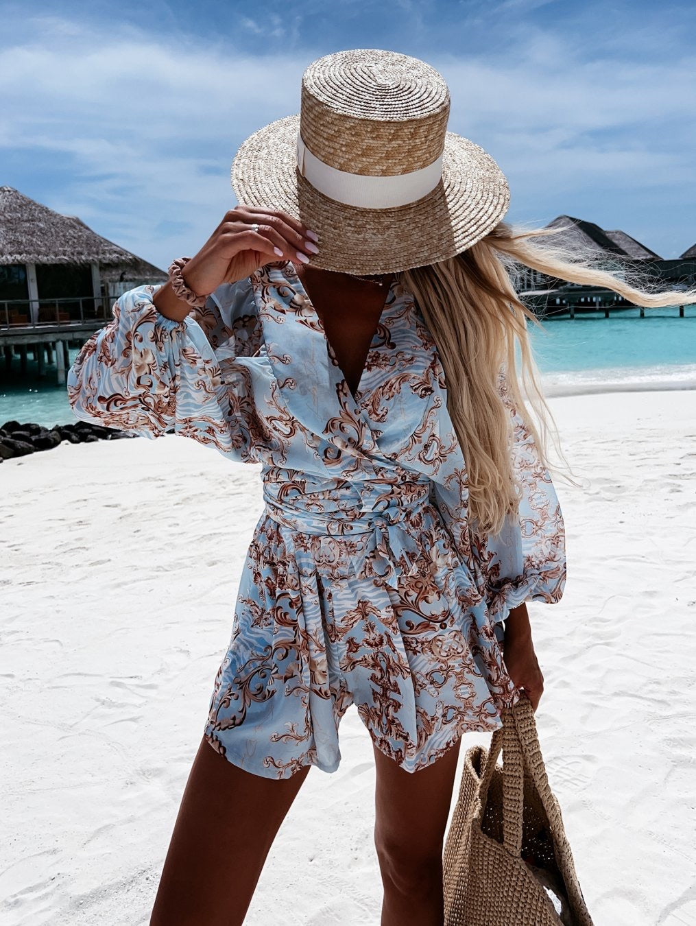 Fashion V Neck Blossom Printed  High Waist  Jumpsuit