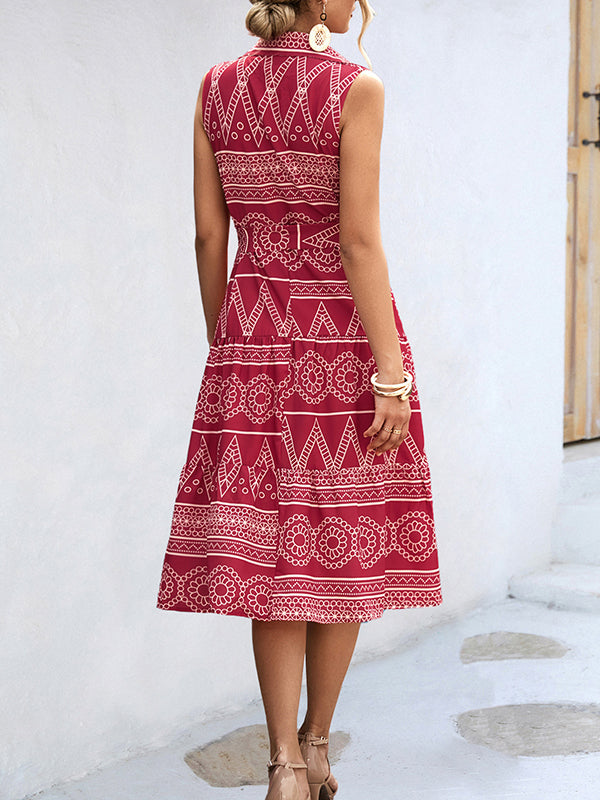 Buttoned Printed Tied Waist Sleeveless Lapel Collar Midi Dresses