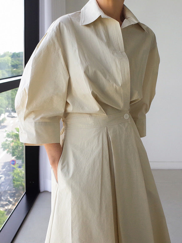 Buttoned Solid Color Long Sleeves Loose Lapel Midi Dresses
