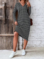 Drawstring Striped Zipper Long Sleeves Loose Hooded Midi Dresses