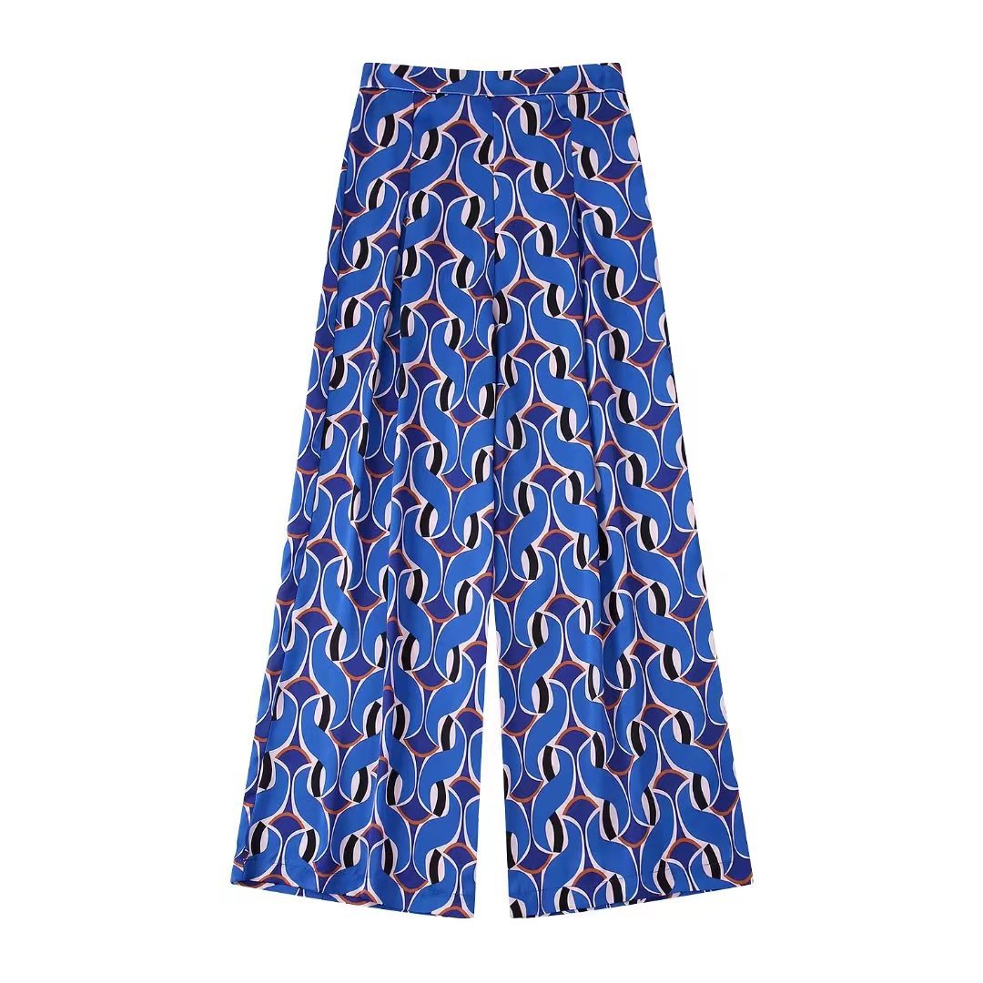 Flaxmaker Fashion Printed Feather Shirt Blue Two Piece Pants Set
