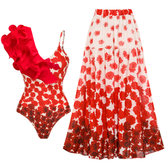 Flower Gradient Print One Shoulder Ruffle One Piece Swimsuit and Skirt (Shipped on Jan 14th)