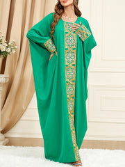 Contrast Color Embroidered Muslim Batwing Sleeves Loose Round-Neck Muslim Abaya Maxi Dresses