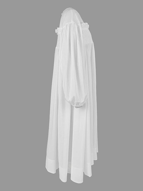 A-Line Long Sleeves Mesh Pleated See-Through Solid Color Split-Joint Round-Neck Midi Dresses
