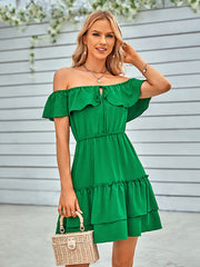Vacation A-Line Loose Solid Color One-Shoulder Mini Dress