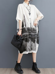 Pockets Printed Half Sleeves Loose Lapel Midi Dresses