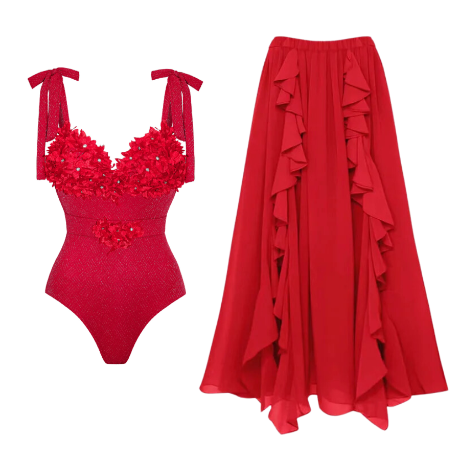 Pure Red Color 3D Flower Texture Fabric One Piece Swimsuit and Skirt (Shipped on Jan 14th)